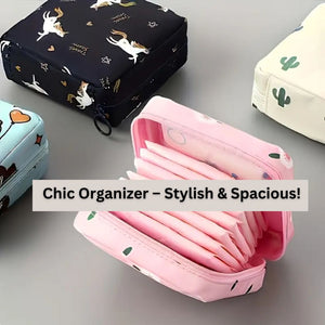 Chic Black Polyester Sanitary Napkin Storage Pouch - Portable, Large Capacity Organizer for Cosmetics & Small Items with Artistic Print Design